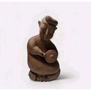 Antique Carved Teak Wood. Buddhist Nude Figure With Singing Bowl